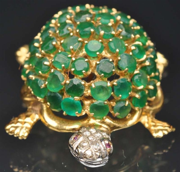 18K Y. GOLD TURTLE PIN WITH EMERALDS & DIAMONDS.  