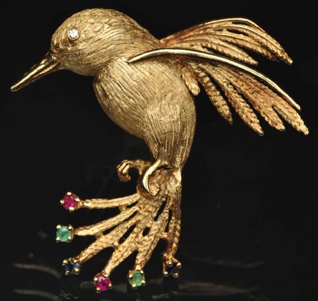 14K Y. GOLD HUMMINGBIRD PIN WITH STONES.          
