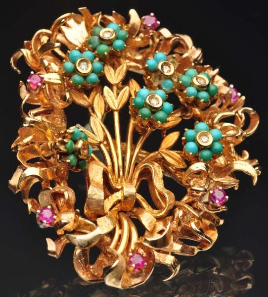 14K Y. GOLD TURQUOISE FLORAL PIN.                 