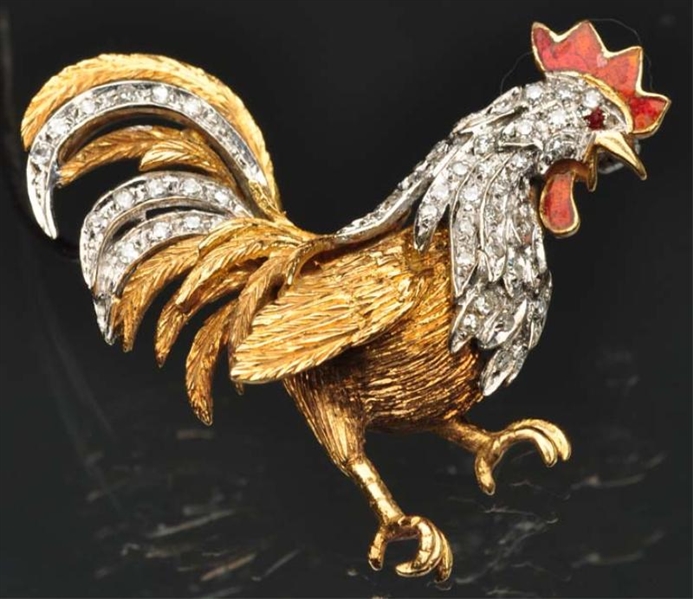 14K Y. GOLD DIAMOND ROOSTER PIN.                  