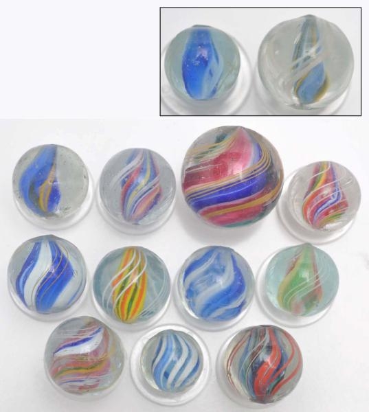 LOT OF 13: JELLY CORE TYPE SWIRL MARBLES.         