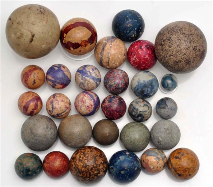 LOT OF CLAY, STONEWARE, & STONE MARBLES.          