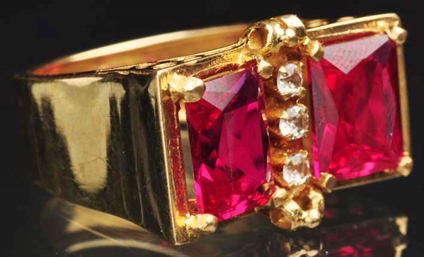 18K Y. GOLD SYNTHETIC RUBY & DIAMOND LADIES RING. 