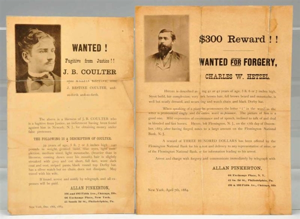 LOT OF 2: 1880S PINKERTON AGENCY WANTED POSTERS.  