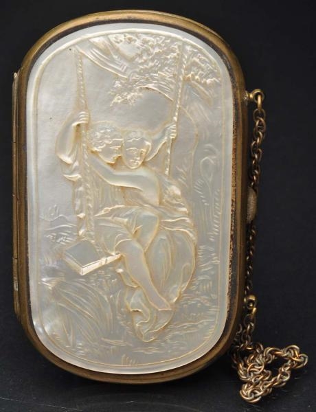 MOTHER OF PEARL LADYS CHANGE PURSE WITH CHAIN.   