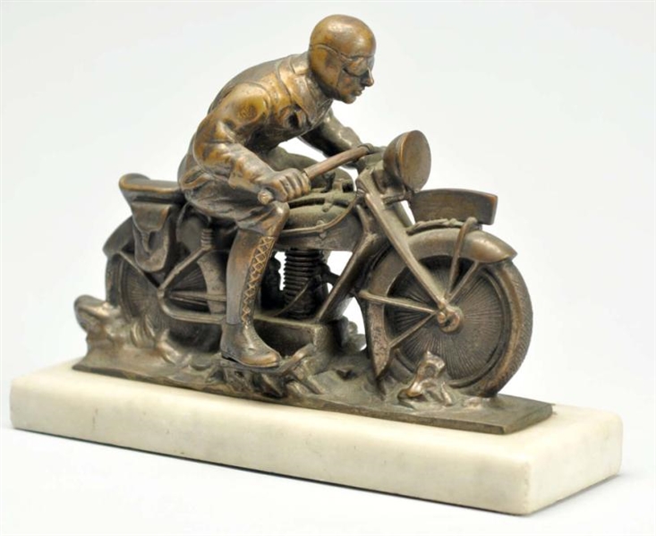 BRONZE MOTORCYCLIST ON MARBLE BASE.               