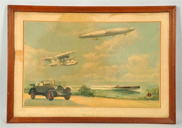 PACKARD POSTER WITH AUTO, BLIMP, BIPLANE, & BOAT. 