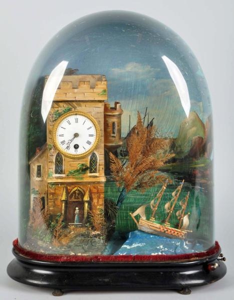 SHIP & CLOCK UNDER PAINTED GLASS DOME.            