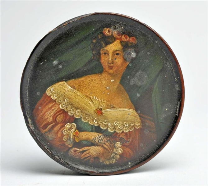 RARE WOODEN SNUFF BOX WITH HAND-PAINTED LADY.     