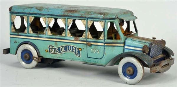 TIN LITHO STRAUSS BUS DE LUXE WIND-UP TOY.        