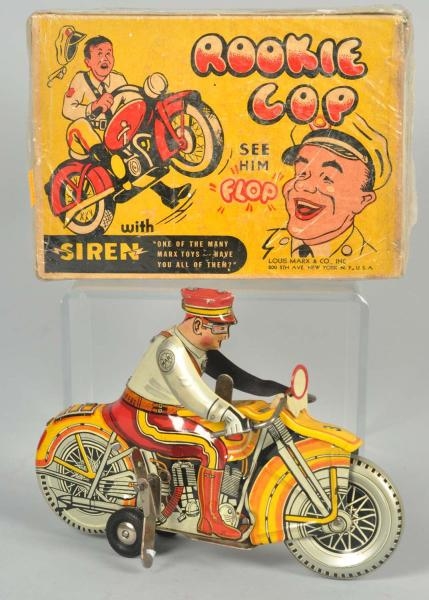 TIN LITHO MARX ROOKIE COP MOTORCYCLE WIND-UP TOY. 