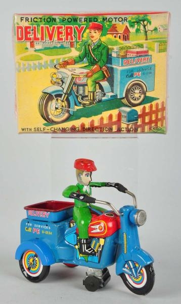 TIN LITHO DELIVERY MOTORCYCLE FRICTION TOY.       