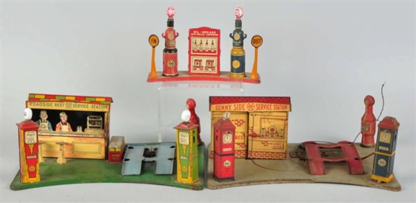 LOT OF 3: PRESSED STEEL MARX GAS STATION TOYS.    