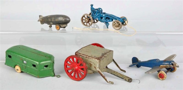 LOT OF 5: CAST IRON MISCELLANEOUS TOY ITEMS.      