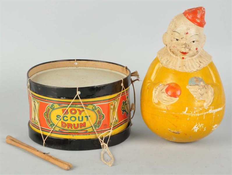 LOT OF 2: BOY SCOUT DRUM & CLOWN ROLY POLY.       