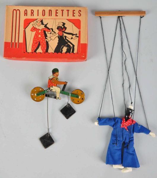 LOT OF 4: EARLY TIN & WOOD TOY ITEMS.             