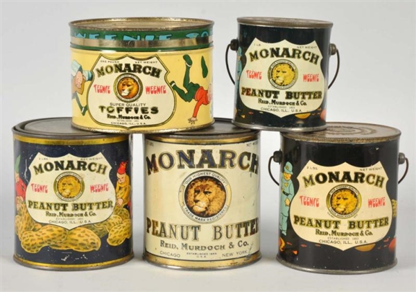 LOT OF 5: ASSORTED MONARCH PEANUT BUTTER TINS.    