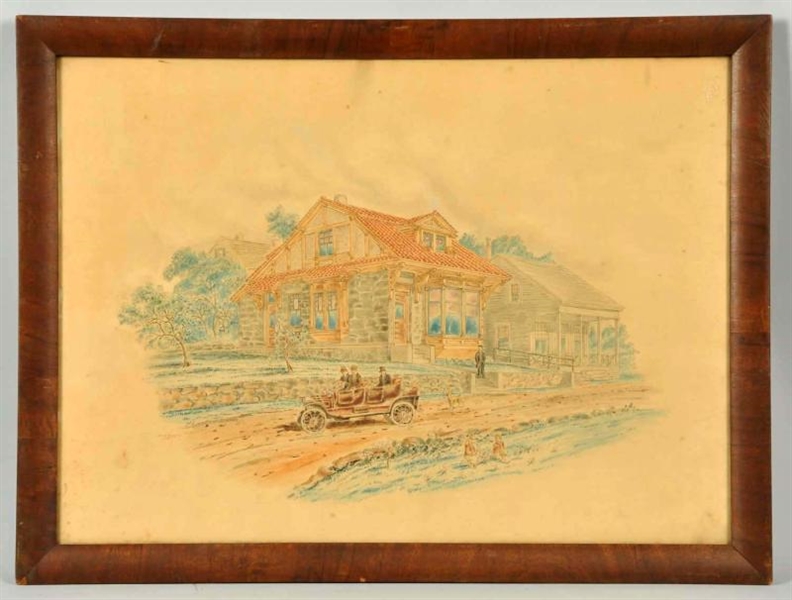 EARLY FRAMED AUTOMOBILE SCENE WATERCOLOR.         