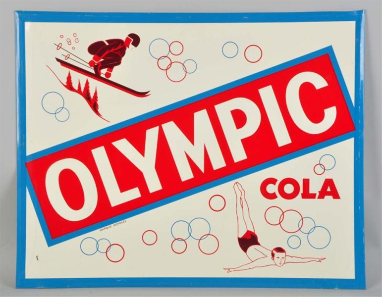EMBOSSED TIN OLYMPIC COLA CANADIAN SIGN.          