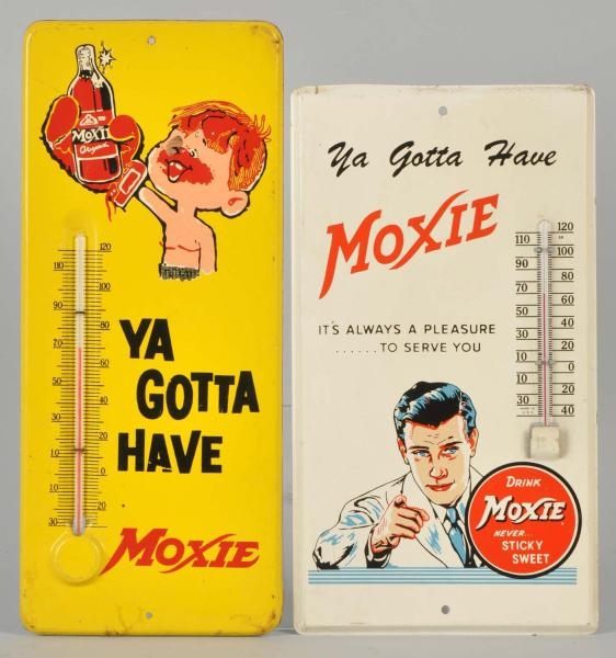LOT OF 2: TIN SMALL MOXIE THERMOMETERS.           