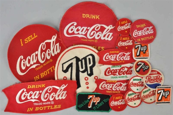 NICE GROUP OF COCA-COLA, PEPSI, & 7UP PATCHES.    