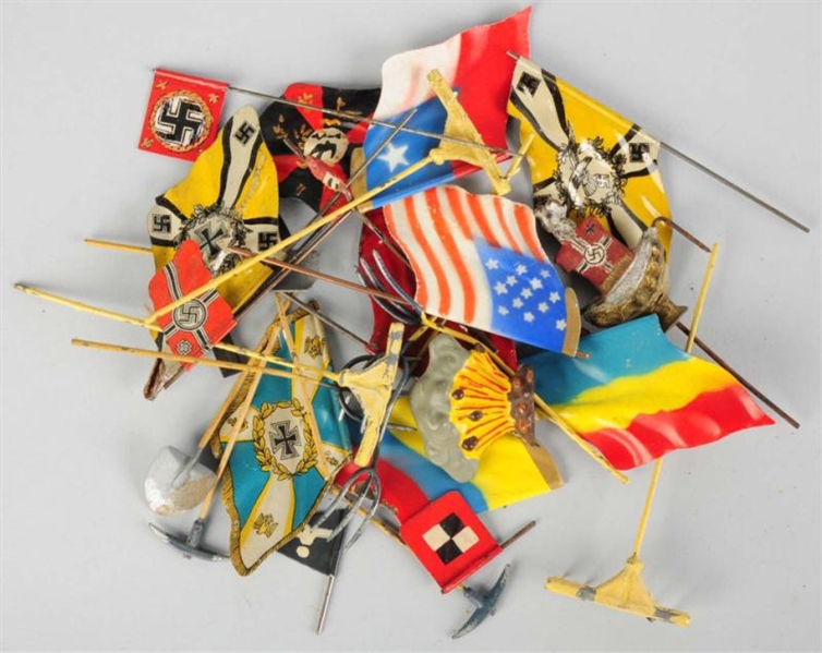 LOT OF TIN FLAGS & ACCESSORIES.                   