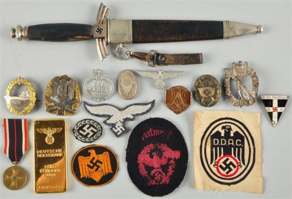 GERMAN NAZI MILITARY MEDALS, PATCHES, & DAGGER.   