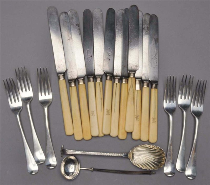 SET OF SIX ENGLISH SILVER TABLEFORKS & OTHERS.    