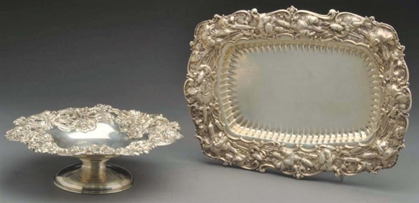 AN AMERICAN SILVER COMPOTE AND A PLATTER.         