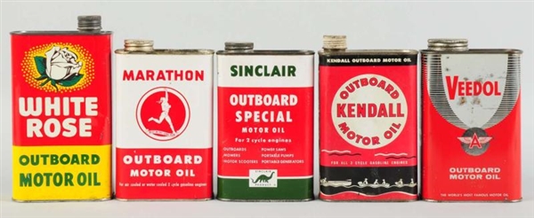 LOT OF 5: ASSORTED OUTBOARD MOTOR OIL CANS.       