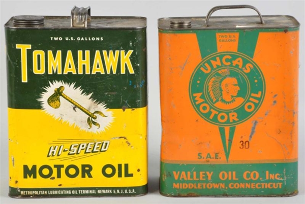 UNCAS & TOMAHAW MOTOR OIL CANS.                   