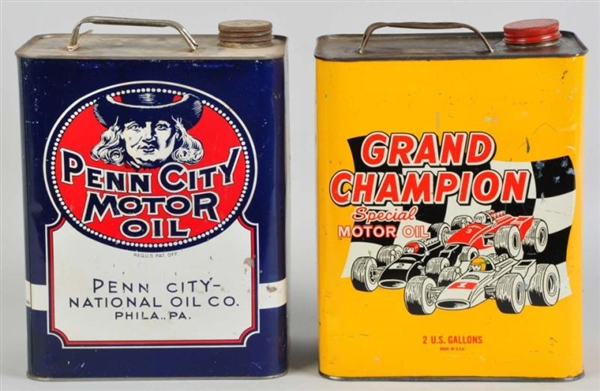PENN CITY & GRAND CHAMPION MOTOR OIL CANS.        
