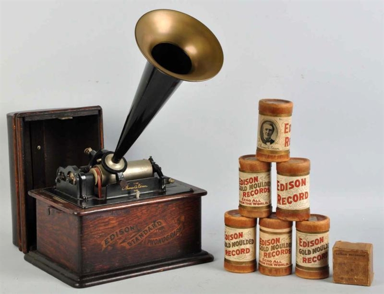 WOODEN EDISON GRAMOPHONE WITH CYLINDERS.          