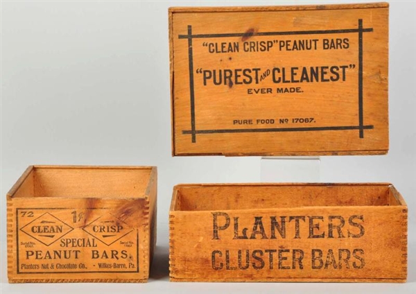 LOT OF 3: WOODEN PEANUT BOXES.                    
