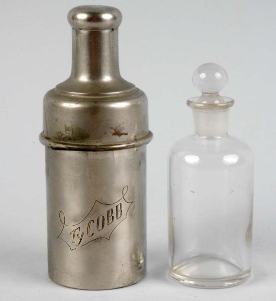 SILVER-PLATE INSCRIBED TY COBB WHISKEY FLASK.     
