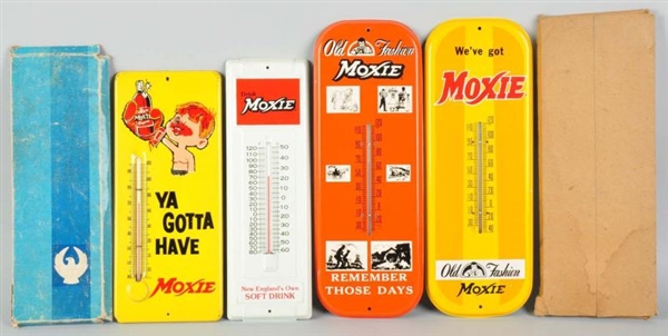 LOT OF 4: ASSORTED TIN MOXIE THERMOMETERS.        