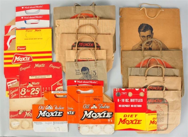 LOT OF MOXIE BAGS & CARDBOARD CARRIERS.           