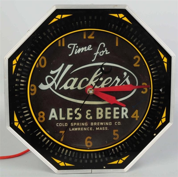 NEON HACKERS ALES & BEER SPINNER CLOCK.          
