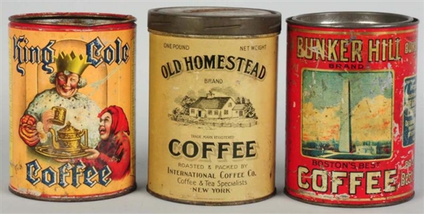 HOMESTEAD, BUNKER HILL, & KING COLE COFFEE CANS.  