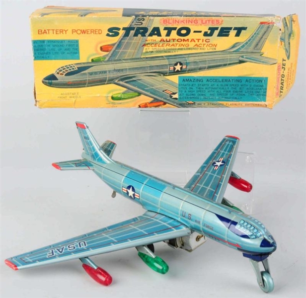 TIN LITHO STRAO-JET AIRPLANE BATTERY-OP TOY.      