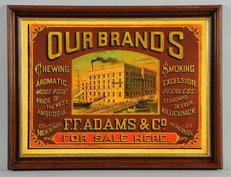 TIN OUR BRANDS CHEWING & SMOKING TOBACCO SIGN.    