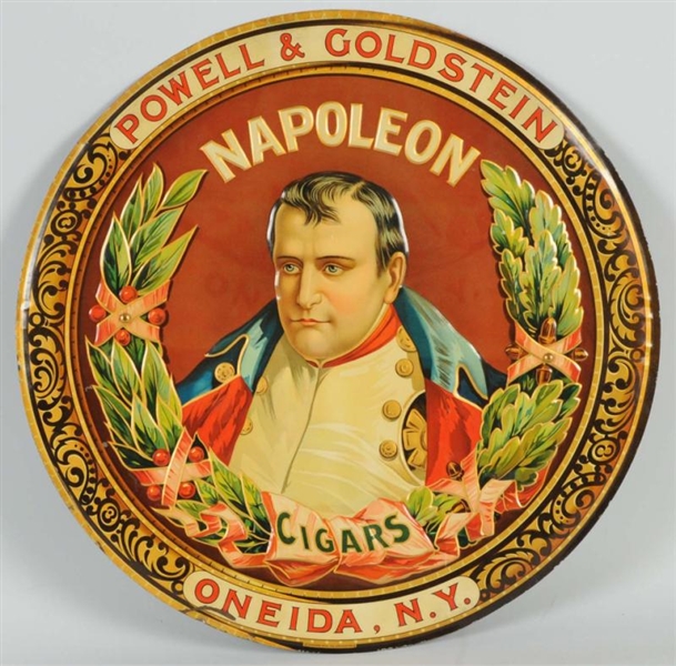 HEAVILY EMBOSSED TIN NAPOLEON CIGARS SIGN.        