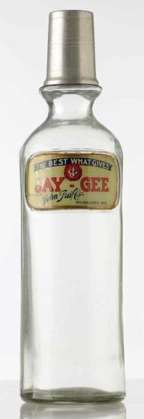 JAY-GEE LABEL UNDER GLASS SYRUP BOTTLE.           