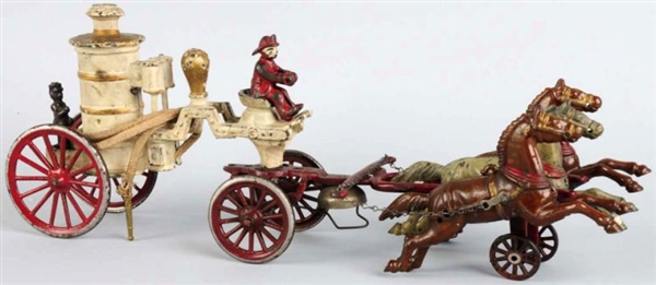 CAST IRON HORSE-DRAWN FIRE PUMPER TOY.            