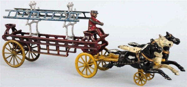 CAST IRON HORSE-DRAWN FIRE LADDER TOY.            