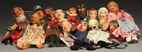 LOT OF 14: WOODEN CARVED CHARACTER PUPPETS.       
