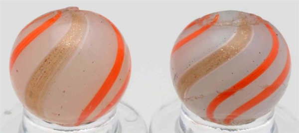 LOT OF 2: WHITE SEMI-OPAQUE BANDED LUTZ MARBLES.  
