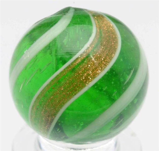 GREEN GLASS BANDED LUTZ MARBLE.                   