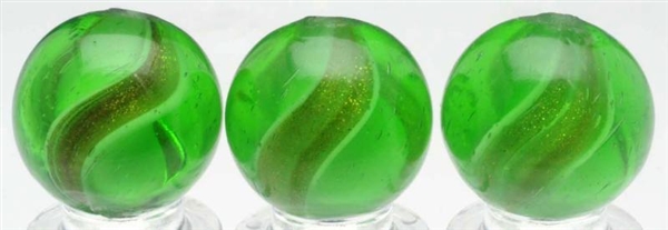 LOT OF 3: GREEN GLASS RIBBON LUTZ MARBLES.        