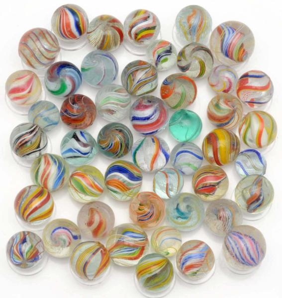 LOT OF APPROXIMATELY 48: HANDMADE SWIRL MARBLES.  